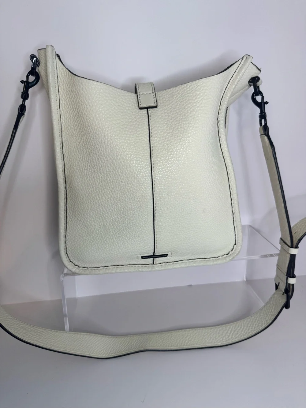 #381 Rebecca Minkoff Unlined Pebbled Leather Studded Feed Shoulder Crossbody Bag